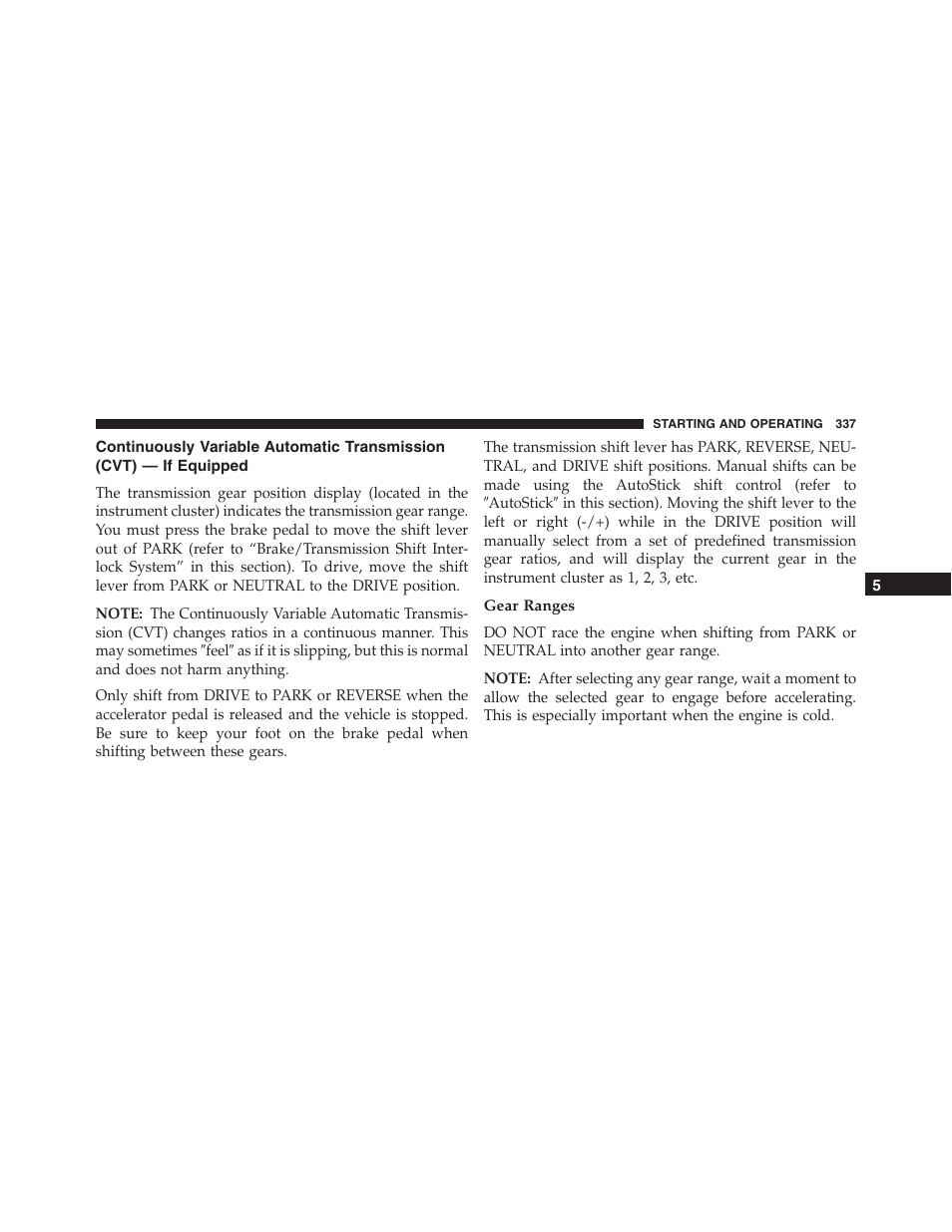 Gear ranges, Continuously variable automatic transmission, Cvt) — if equipped | Jeep 2015 Compass - Owner Manual User Manual | Page 339 / 572