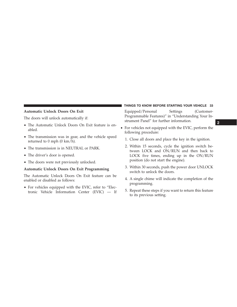 Automatic unlock doors on exit, Automatic unlock doors on exit programming | Jeep 2015 Compass - Owner Manual User Manual | Page 35 / 572