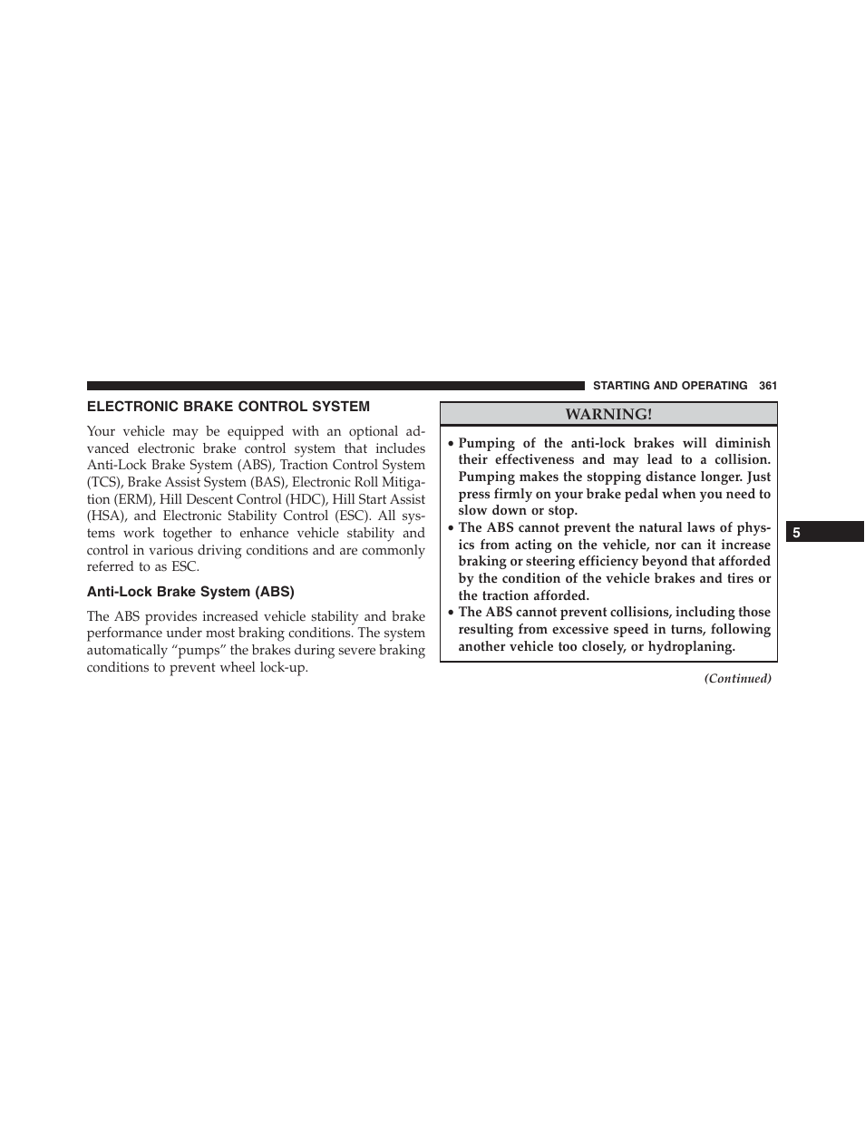 Electronic brake control system, Anti-lock brake system (abs) | Jeep 2015 Compass - Owner Manual User Manual | Page 363 / 572