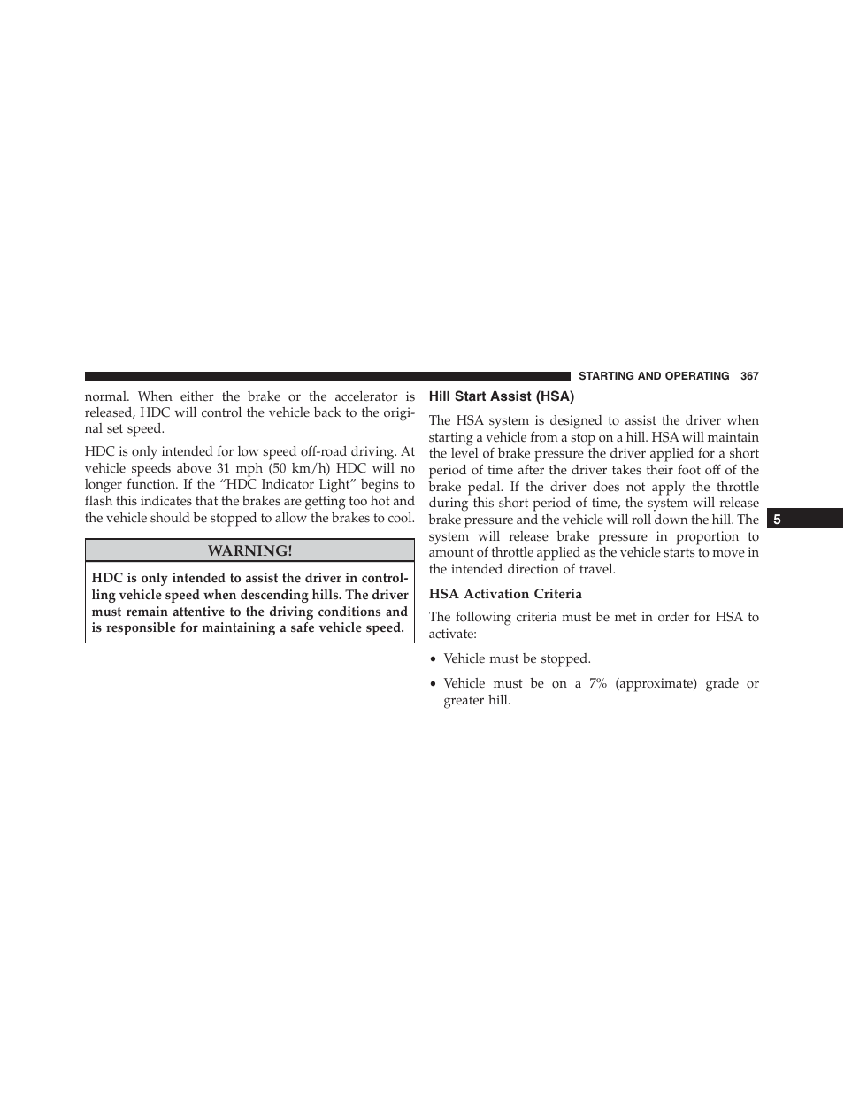 Hill start assist (hsa), Hsa activation criteria | Jeep 2015 Compass - Owner Manual User Manual | Page 369 / 572