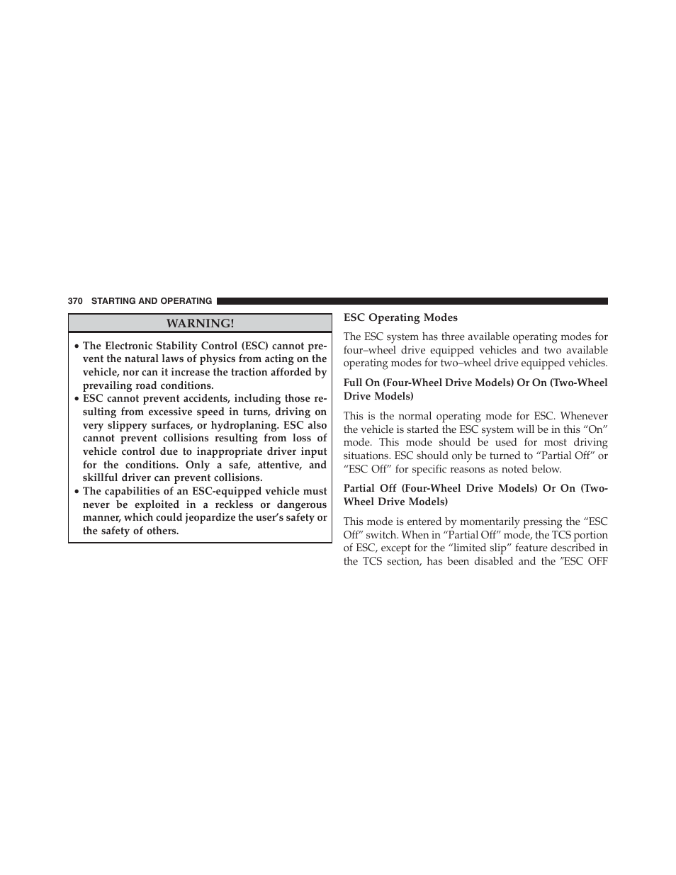 Esc operating modes | Jeep 2015 Compass - Owner Manual User Manual | Page 372 / 572