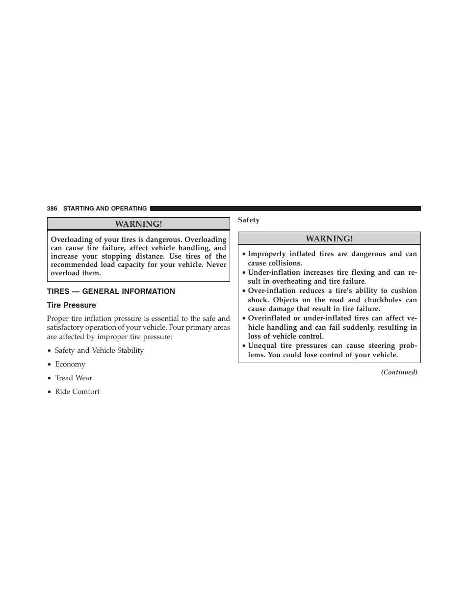 Tires — general information, Tire pressure, Safety | Jeep 2015 Compass - Owner Manual User Manual | Page 388 / 572