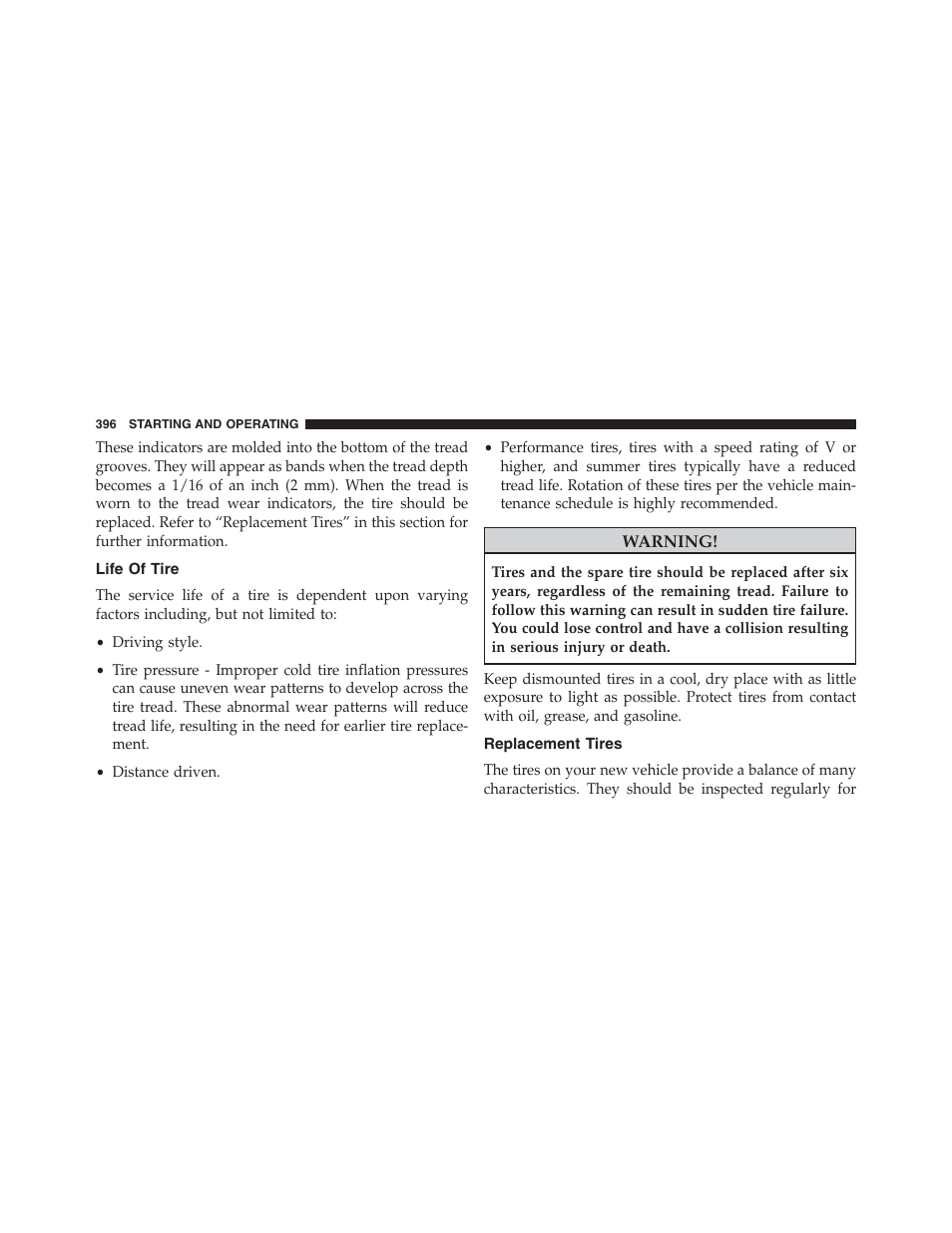 Life of tire, Replacement tires | Jeep 2015 Compass - Owner Manual User Manual | Page 398 / 572