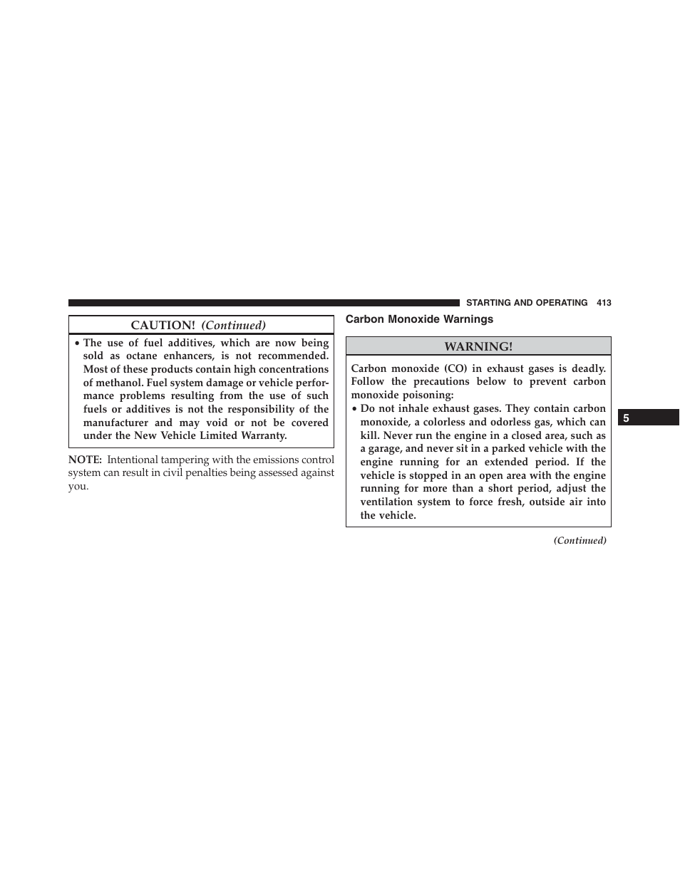 Carbon monoxide warnings | Jeep 2015 Compass - Owner Manual User Manual | Page 415 / 572