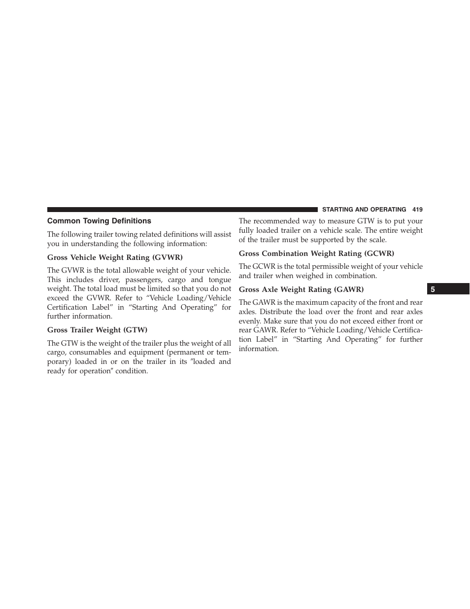 Common towing definitions, Gross vehicle weight rating (gvwr), Gross trailer weight (gtw) | Gross combination weight rating (gcwr), Gross axle weight rating (gawr) | Jeep 2015 Compass - Owner Manual User Manual | Page 421 / 572