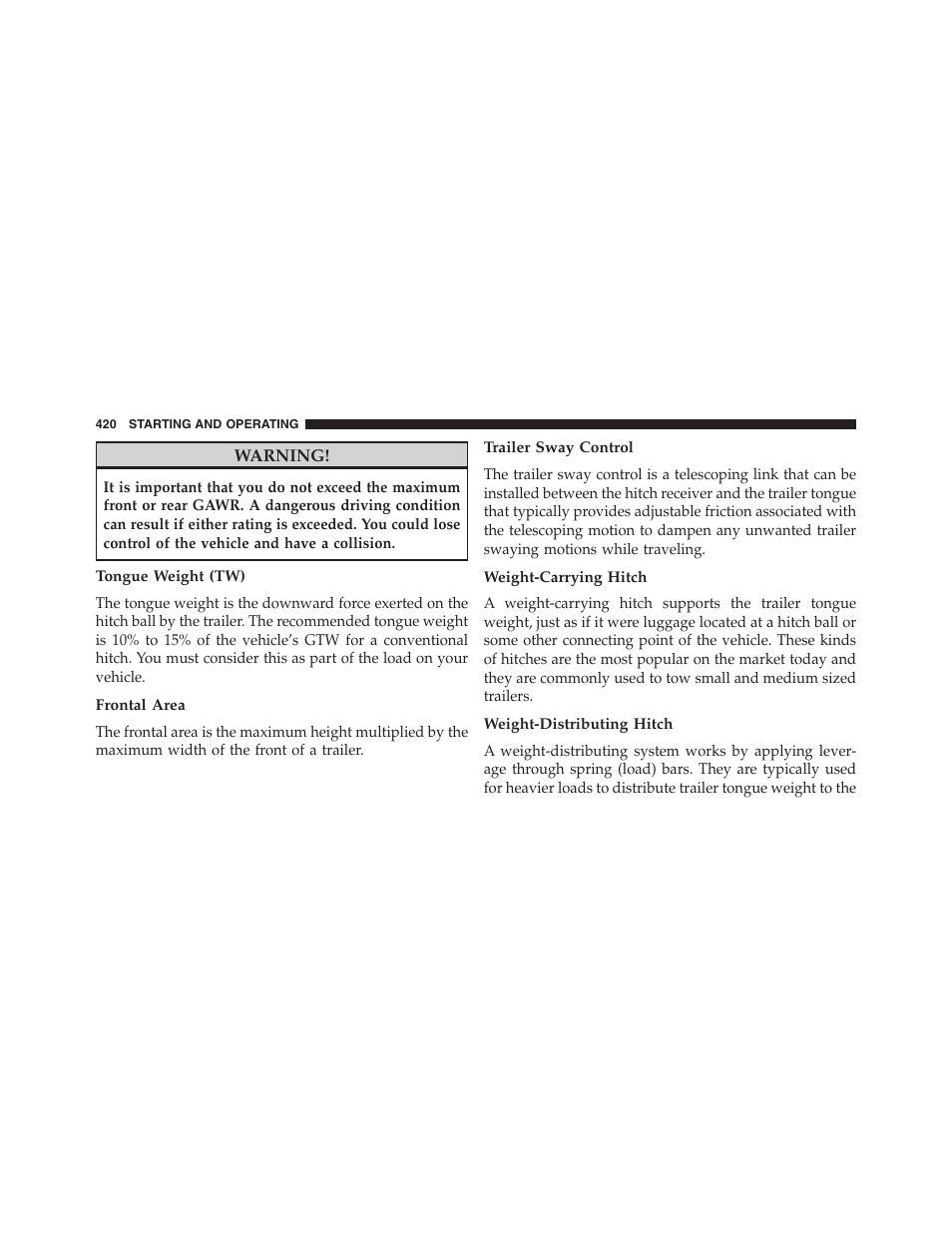 Tongue weight (tw), Frontal area, Trailer sway control | Weight-carrying hitch, Weight-distributing hitch | Jeep 2015 Compass - Owner Manual User Manual | Page 422 / 572