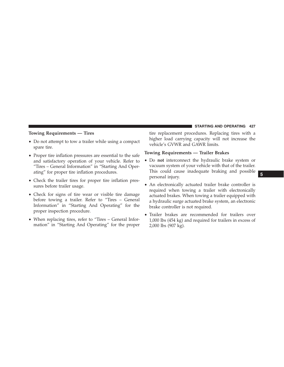 Towing requirements — tires, Towing requirements — trailer brakes | Jeep 2015 Compass - Owner Manual User Manual | Page 429 / 572