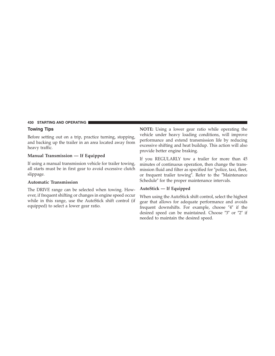 Towing tips, Manual transmission — if equipped, Automatic transmission | Jeep 2015 Compass - Owner Manual User Manual | Page 432 / 572
