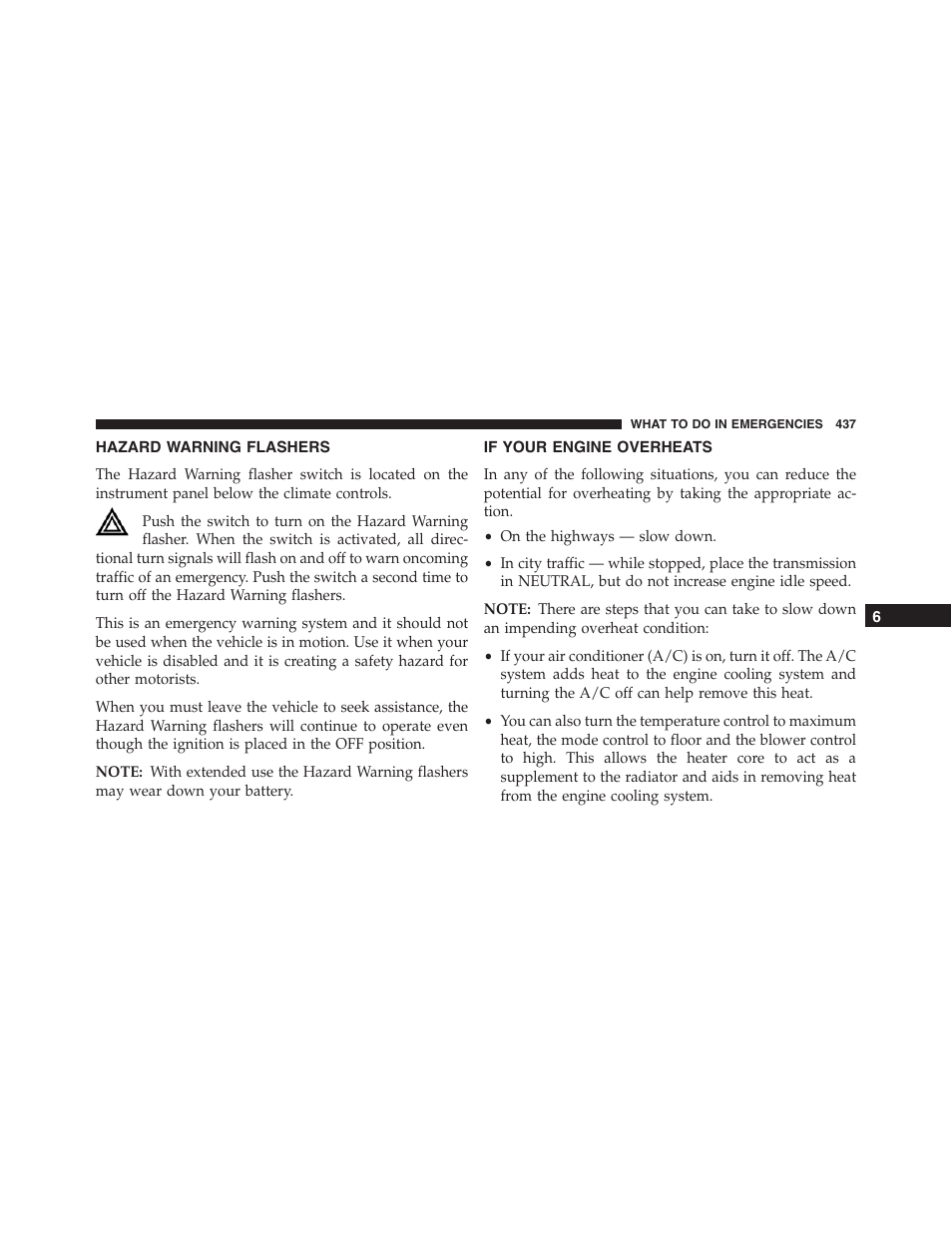 Hazard warning flashers, If your engine overheats | Jeep 2015 Compass - Owner Manual User Manual | Page 439 / 572