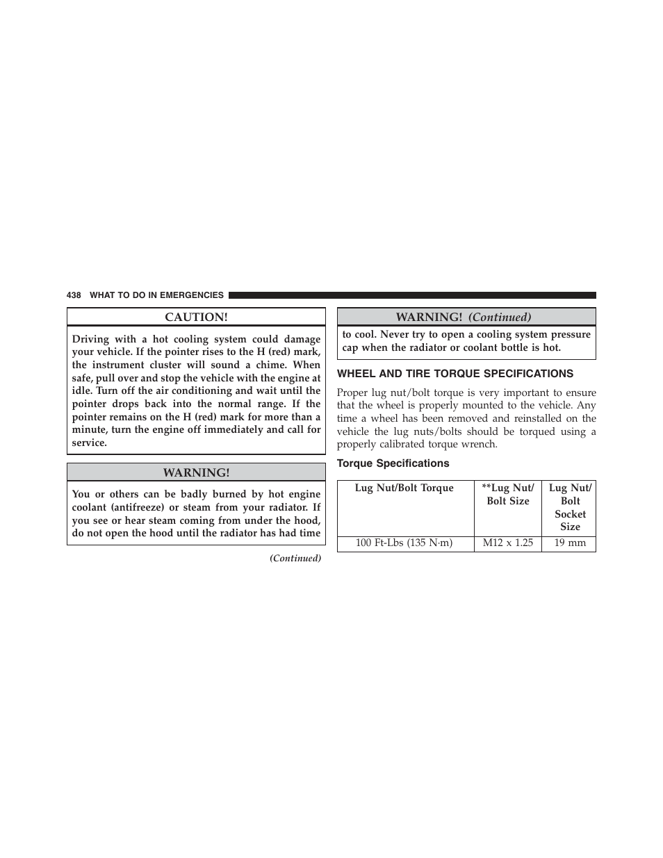 Wheel and tire torque specifications, Torque specifications, Wheel and tire torque | Specifications | Jeep 2015 Compass - Owner Manual User Manual | Page 440 / 572