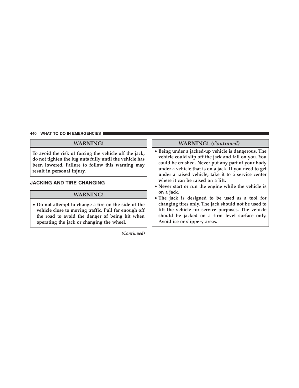 Jacking and tire changing | Jeep 2015 Compass - Owner Manual User Manual | Page 442 / 572