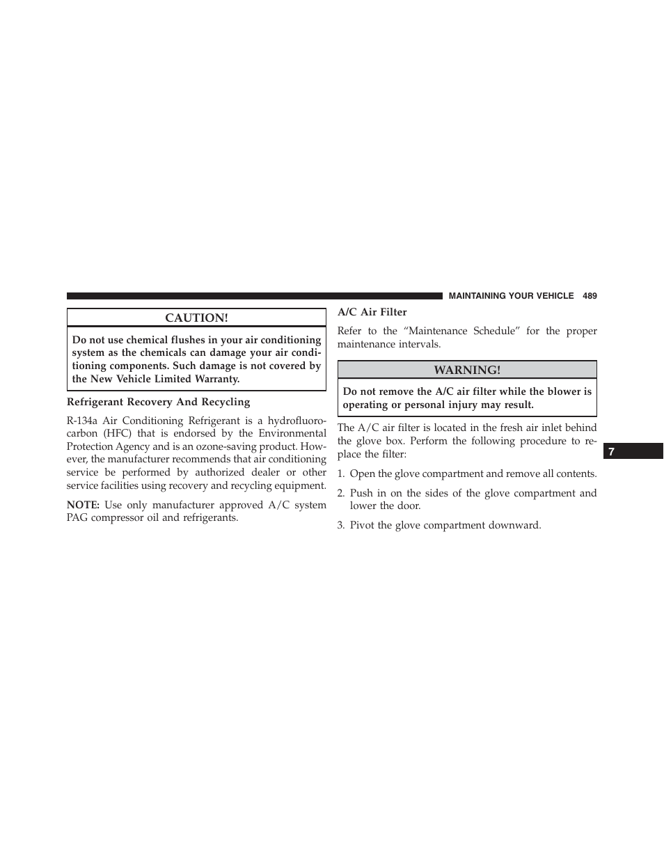 Refrigerant recovery and recycling, A/c air filter | Jeep 2015 Compass - Owner Manual User Manual | Page 491 / 572