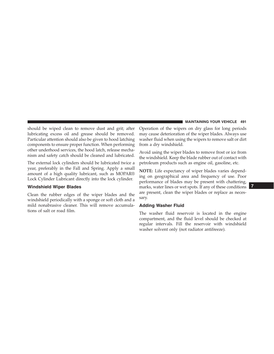 Windshield wiper blades, Adding washer fluid | Jeep 2015 Compass - Owner Manual User Manual | Page 493 / 572