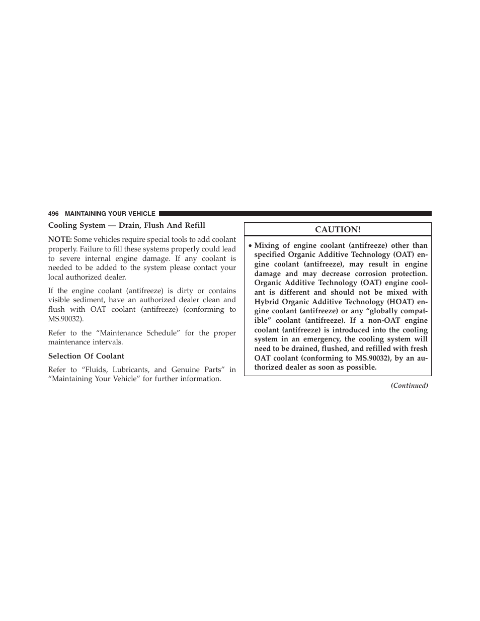 Cooling system — drain, flush and refill, Selection of coolant | Jeep 2015 Compass - Owner Manual User Manual | Page 498 / 572