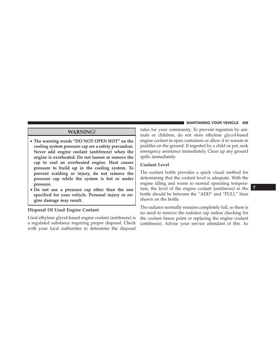 Disposal of used engine coolant, Coolant level | Jeep 2015 Compass - Owner Manual User Manual | Page 501 / 572