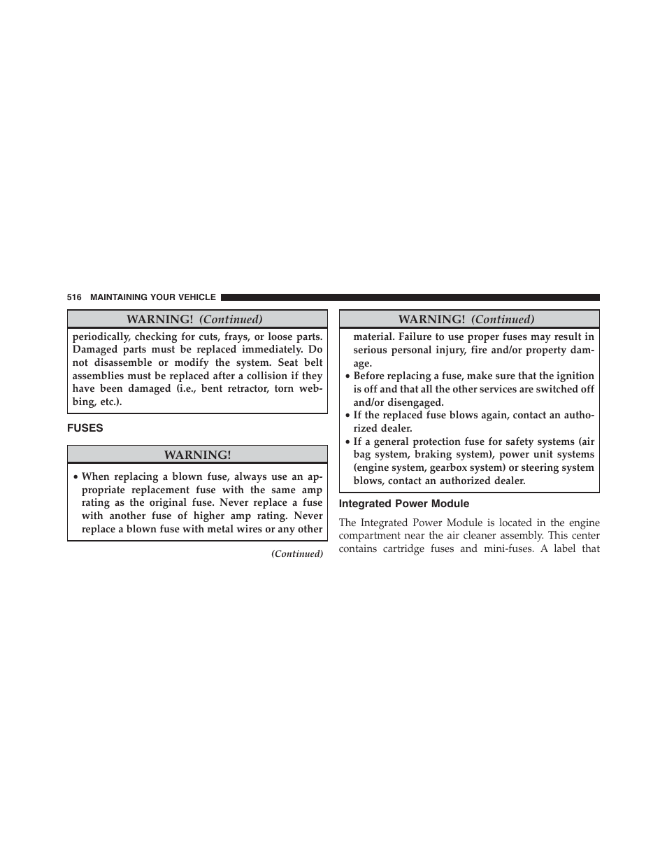 Fuses, Integrated power module | Jeep 2015 Compass - Owner Manual User Manual | Page 518 / 572