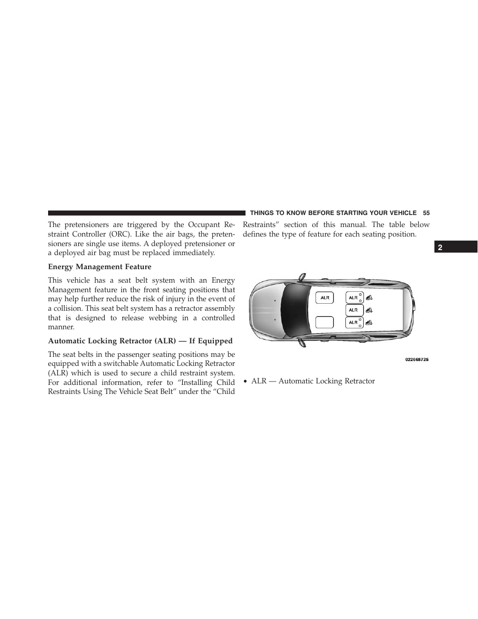 Energy management feature, Automatic locking retractor (alr) — if equipped | Jeep 2015 Compass - Owner Manual User Manual | Page 57 / 572