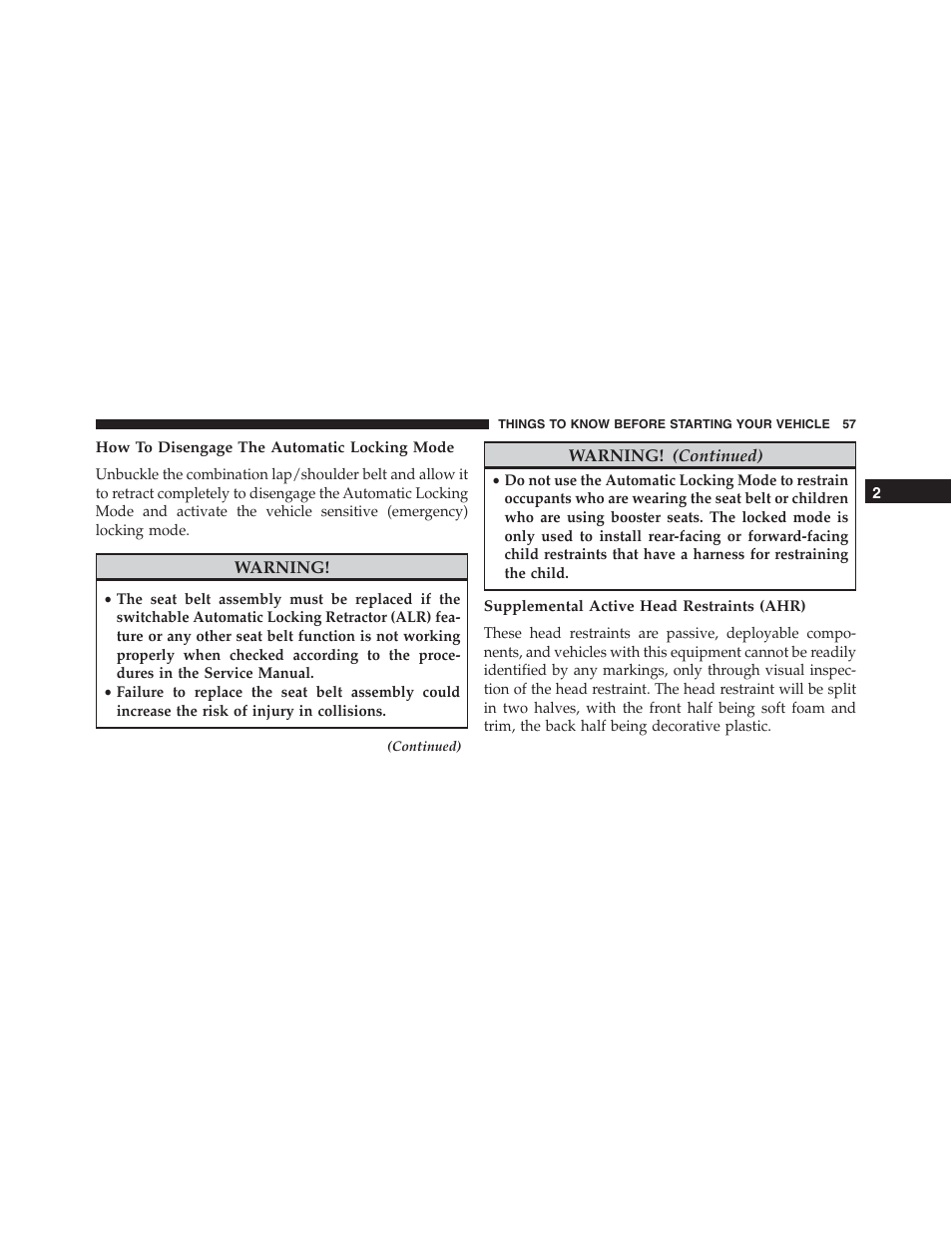 How to disengage the automatic locking mode, Supplemental active head restraints (ahr) | Jeep 2015 Compass - Owner Manual User Manual | Page 59 / 572