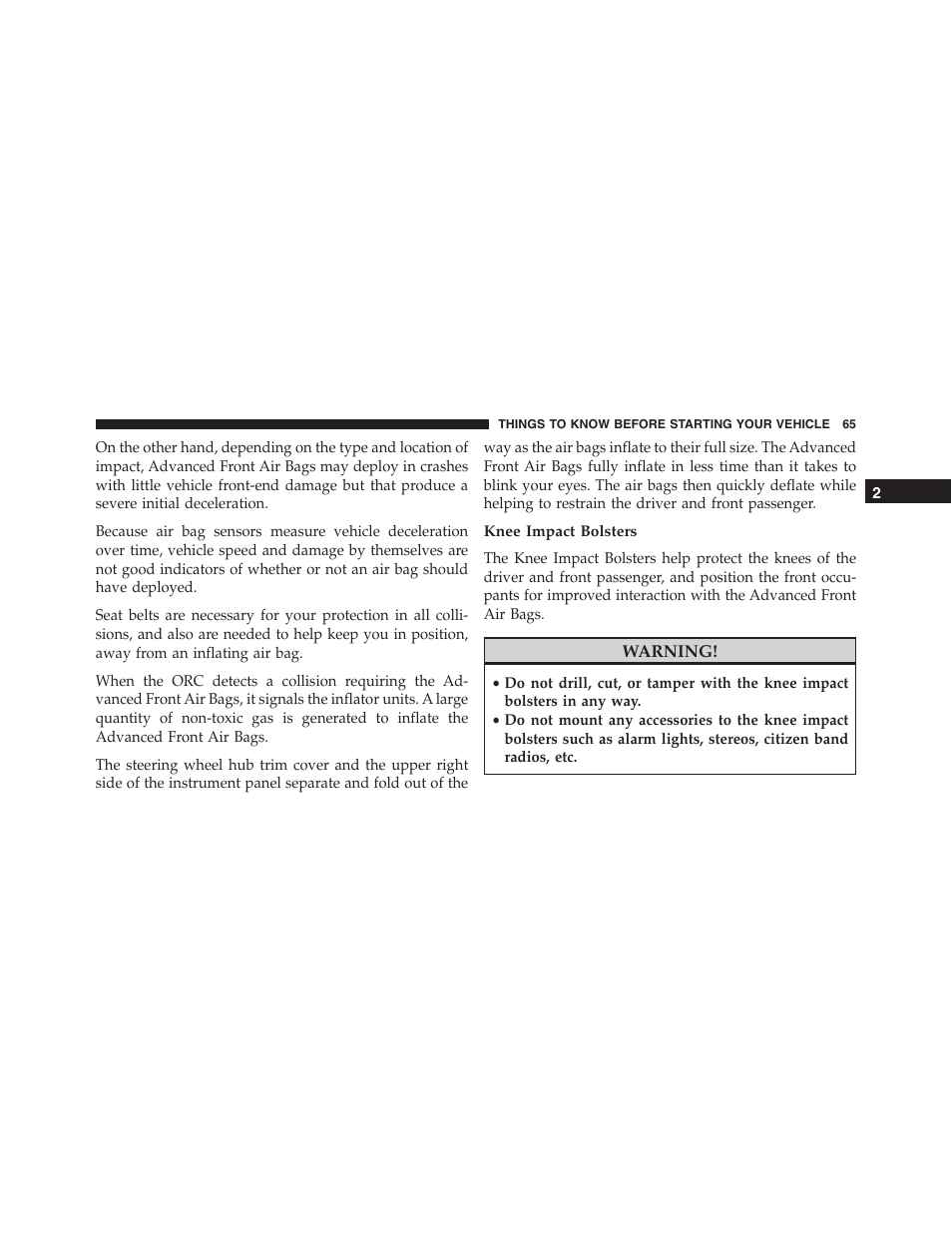 Knee impact bolsters | Jeep 2015 Compass - Owner Manual User Manual | Page 67 / 572