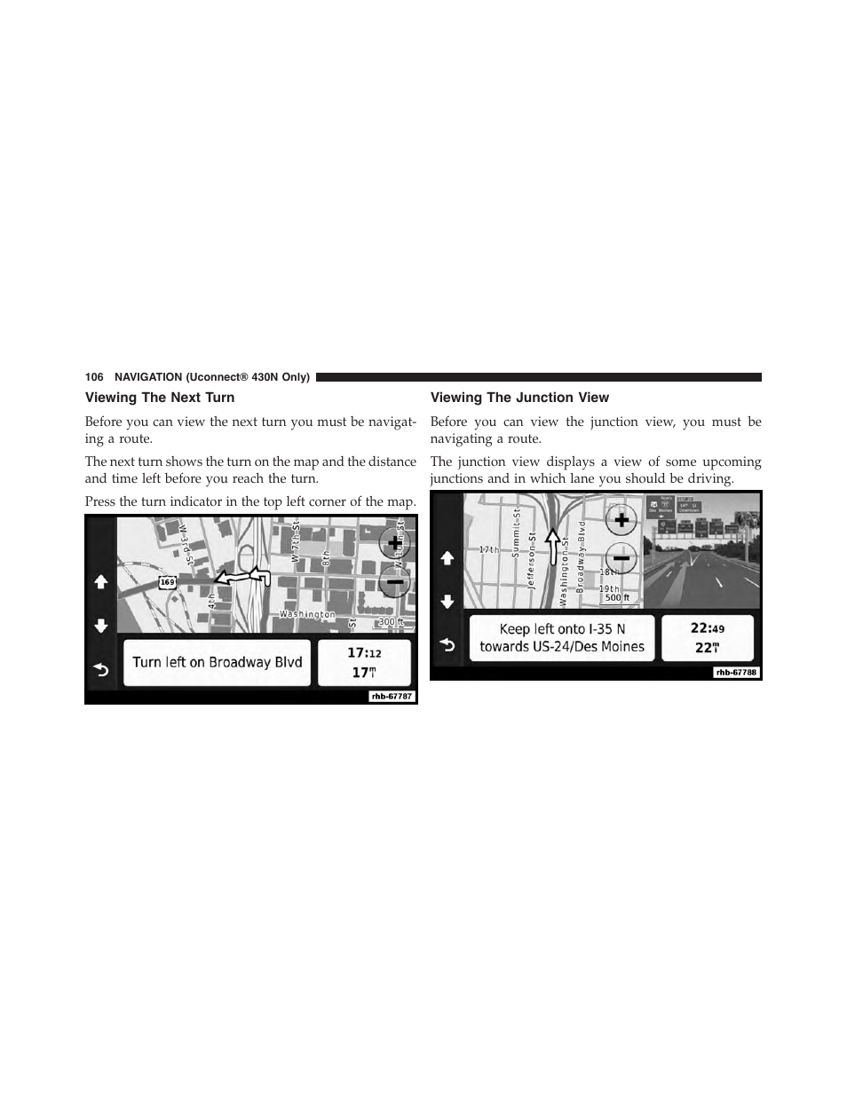 Viewing the next turn, Viewing the junction view | Ram Trucks UCONNECT 430 for Chrysler User Manual | Page 107 / 140