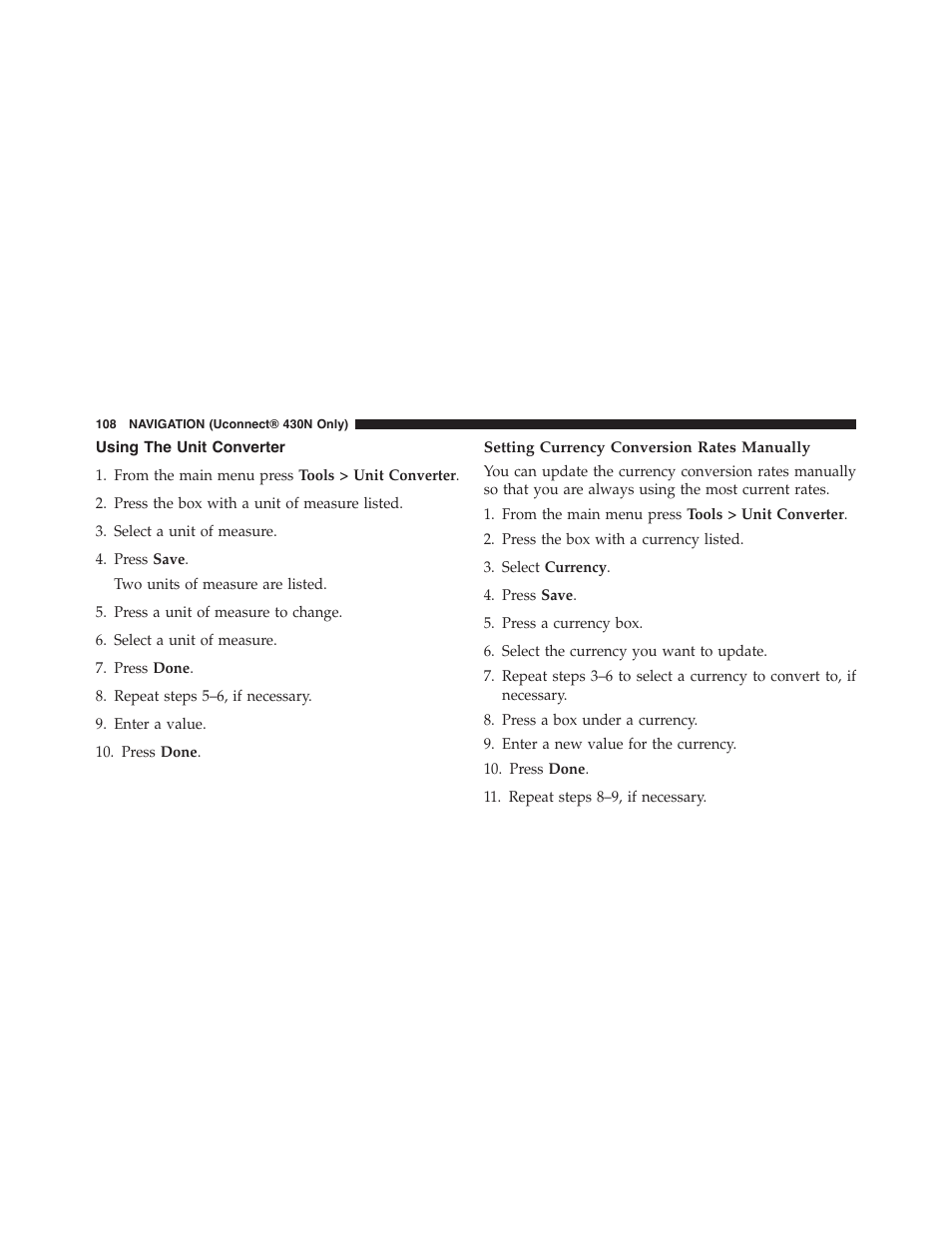 Using the unit converter, Setting currency conversion rates manually | Ram Trucks UCONNECT 430 for Chrysler User Manual | Page 109 / 140