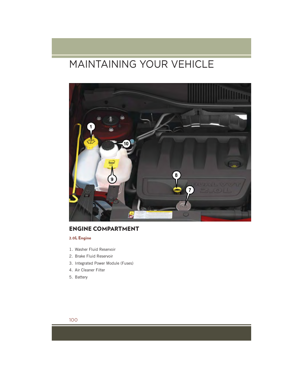 Engine compartment, 0l engine, Maintaining your vehicle | Jeep 2015 Compass - User Guide User Manual | Page 102 / 132