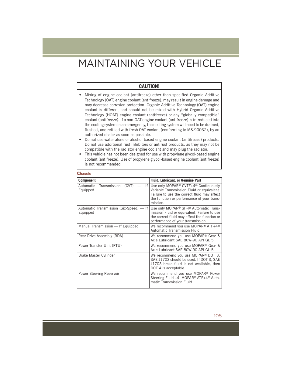 Chassis, Maintaining your vehicle, Caution | Jeep 2015 Compass - User Guide User Manual | Page 107 / 132