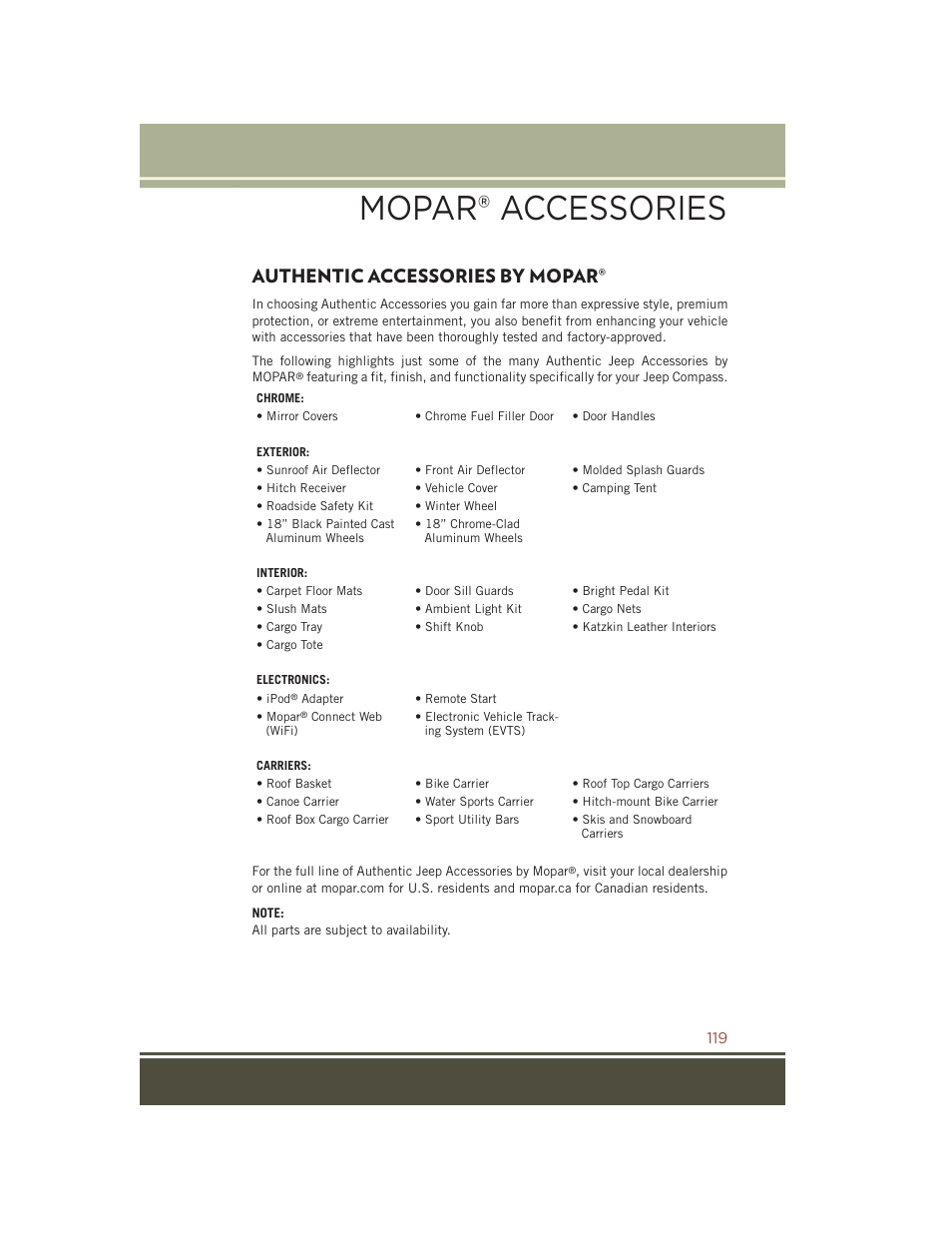 Mopar® accessories, Authentic accessories by mopar, Authentic accessories by | Mopar | Jeep 2015 Compass - User Guide User Manual | Page 121 / 132