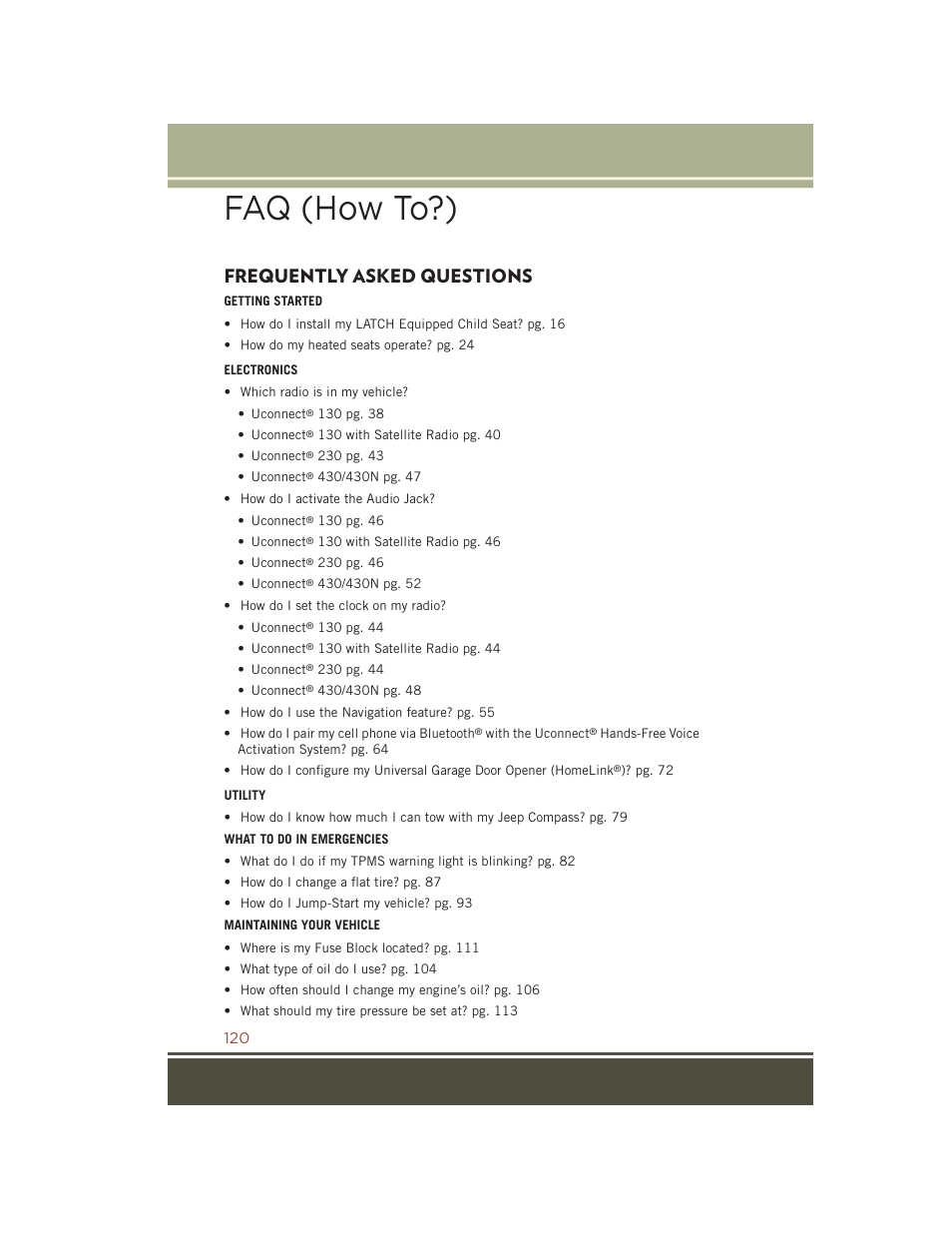 Faq (how to?), Frequently asked questions | Jeep 2015 Compass - User Guide User Manual | Page 122 / 132