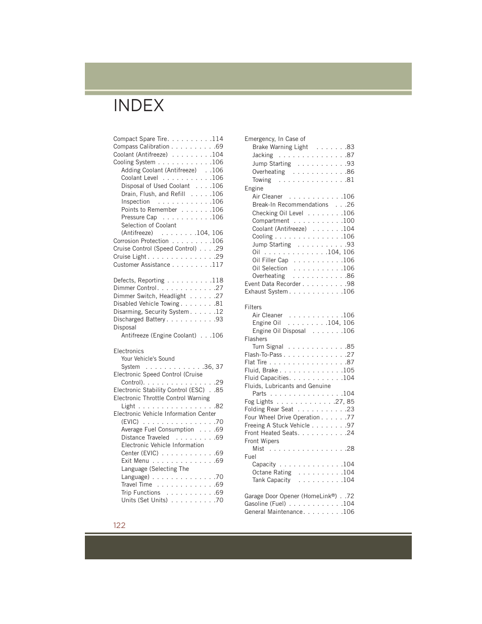 Index | Jeep 2015 Compass - User Guide User Manual | Page 124 / 132