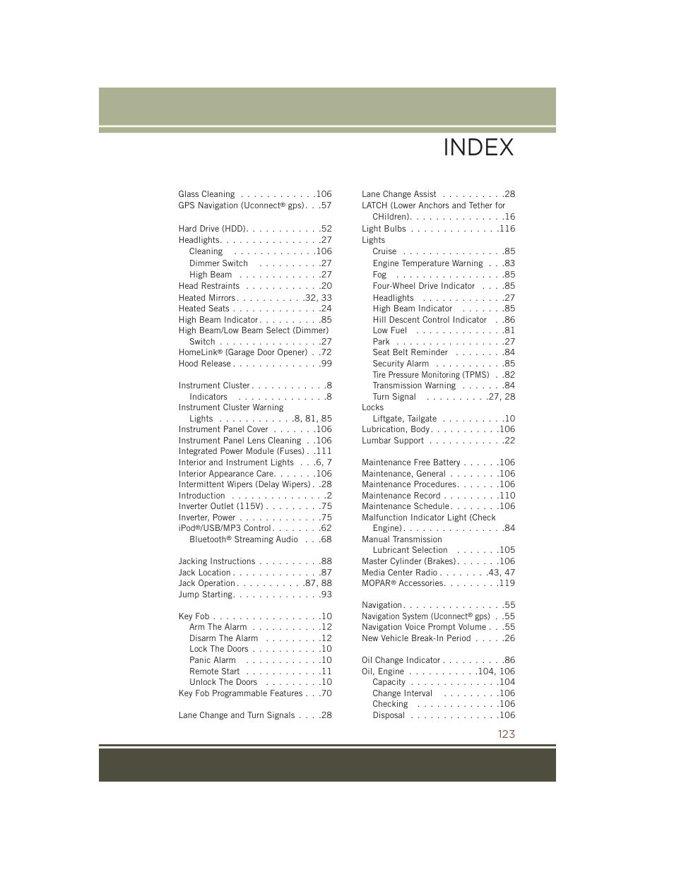 Index | Jeep 2015 Compass - User Guide User Manual | Page 125 / 132