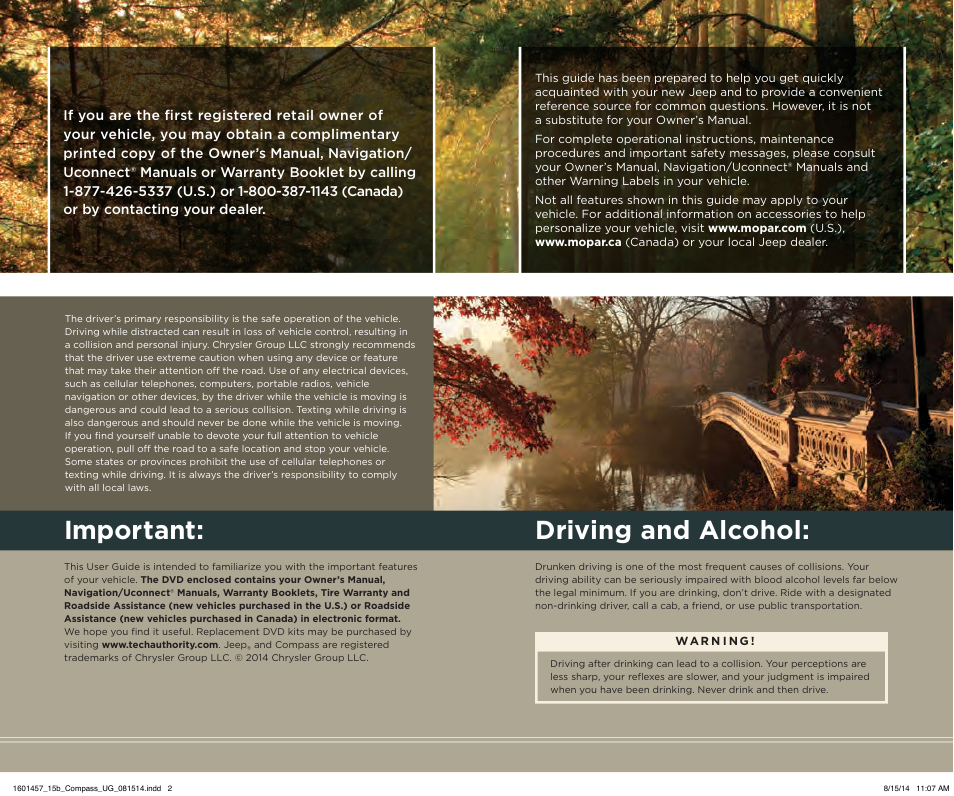 Important, Driving and alcohol | Jeep 2015 Compass - User Guide User Manual | Page 131 / 132