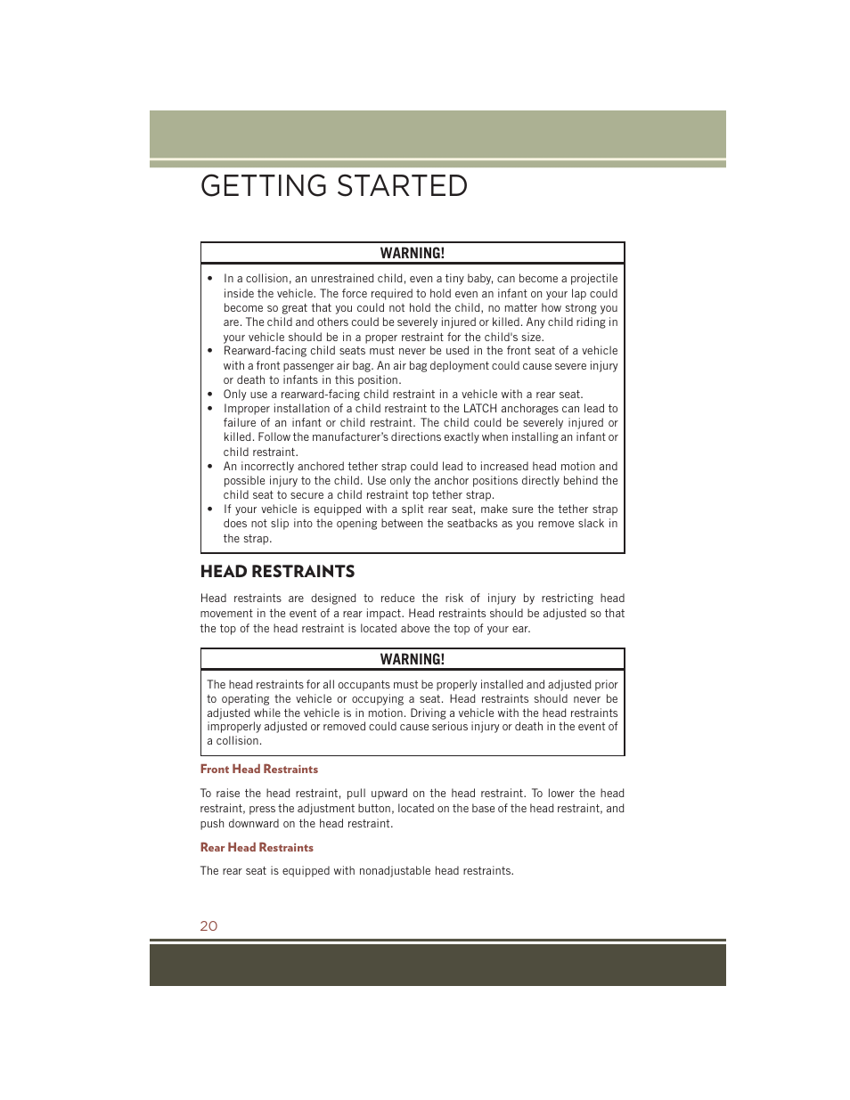 Head restraints, Front head restraints, Rear head restraints | Getting started | Jeep 2015 Compass - User Guide User Manual | Page 22 / 132