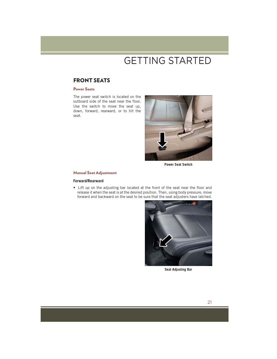 Front seats, Power seats, Manual seat adjustment | Getting started | Jeep 2015 Compass - User Guide User Manual | Page 23 / 132