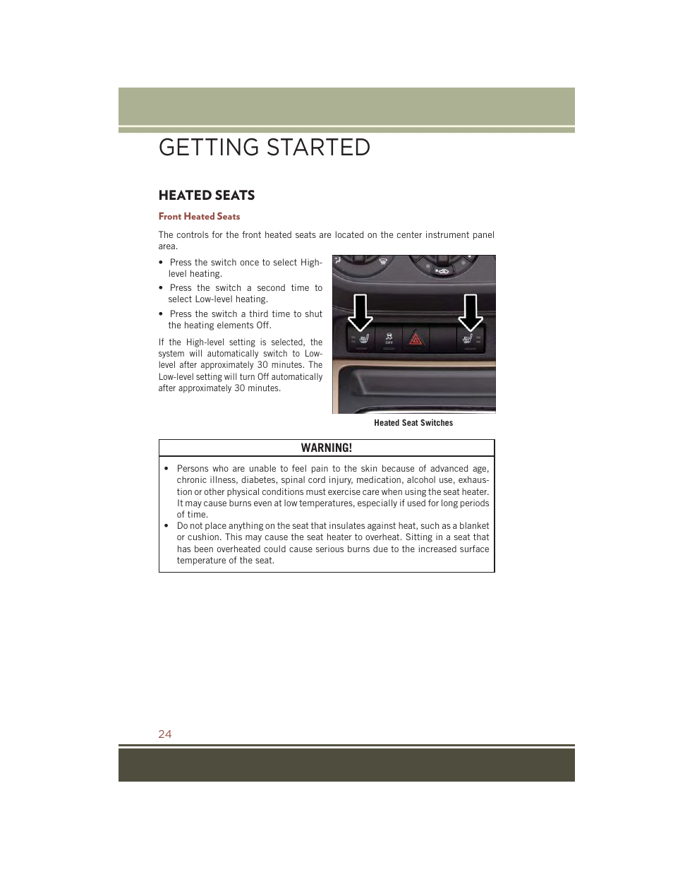 Heated seats, Front heated seats, Getting started | Jeep 2015 Compass - User Guide User Manual | Page 26 / 132