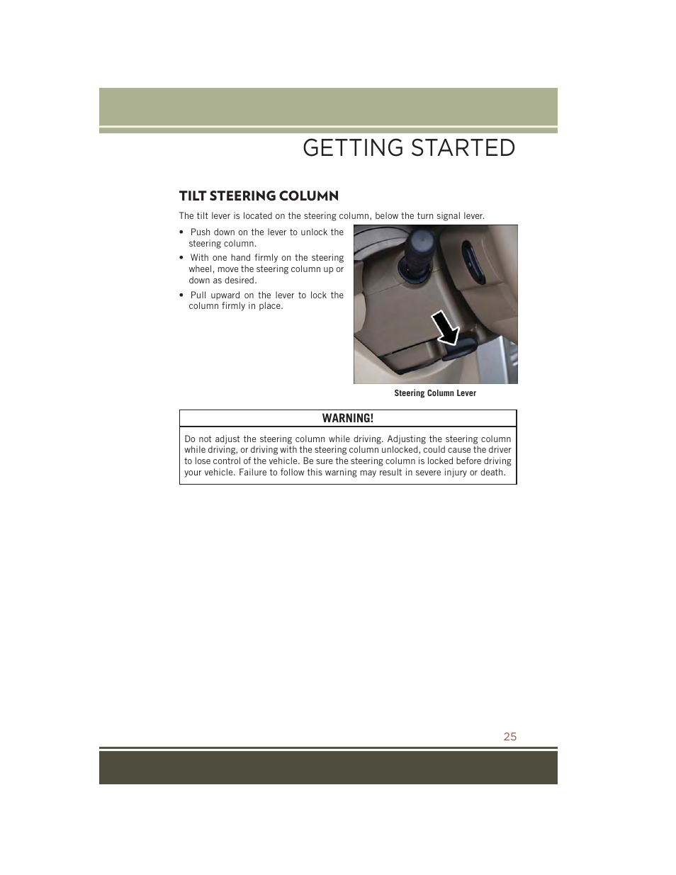 Tilt steering column, Getting started | Jeep 2015 Compass - User Guide User Manual | Page 27 / 132