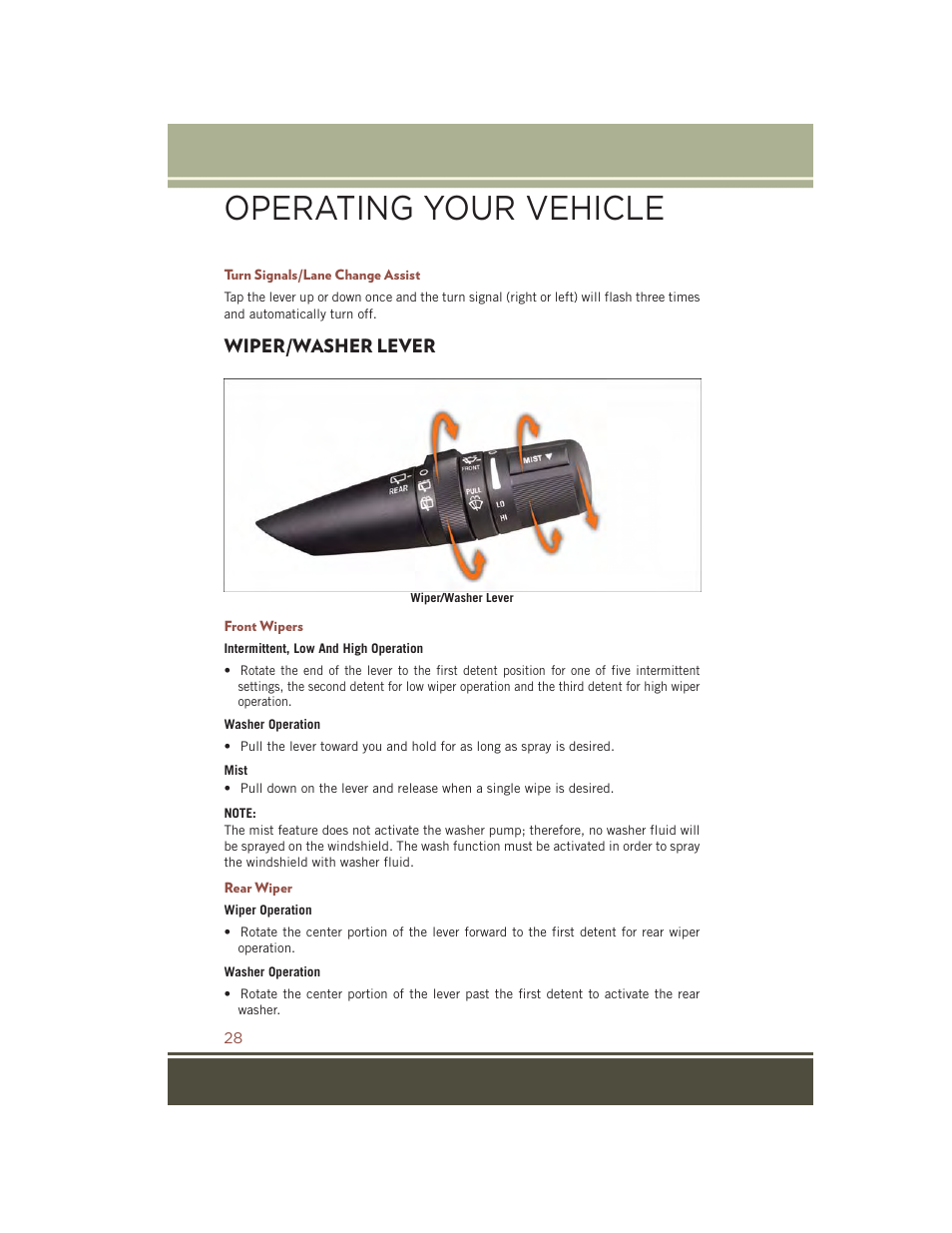 Turn signals/lane change assist, Wiper/washer lever, Front wipers | Rear wiper, Operating your vehicle | Jeep 2015 Compass - User Guide User Manual | Page 30 / 132