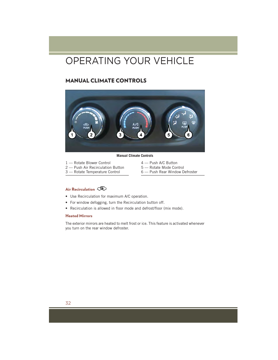 Manual climate controls, Air recirculation, Heated mirrors | Operating your vehicle | Jeep 2015 Compass - User Guide User Manual | Page 34 / 132