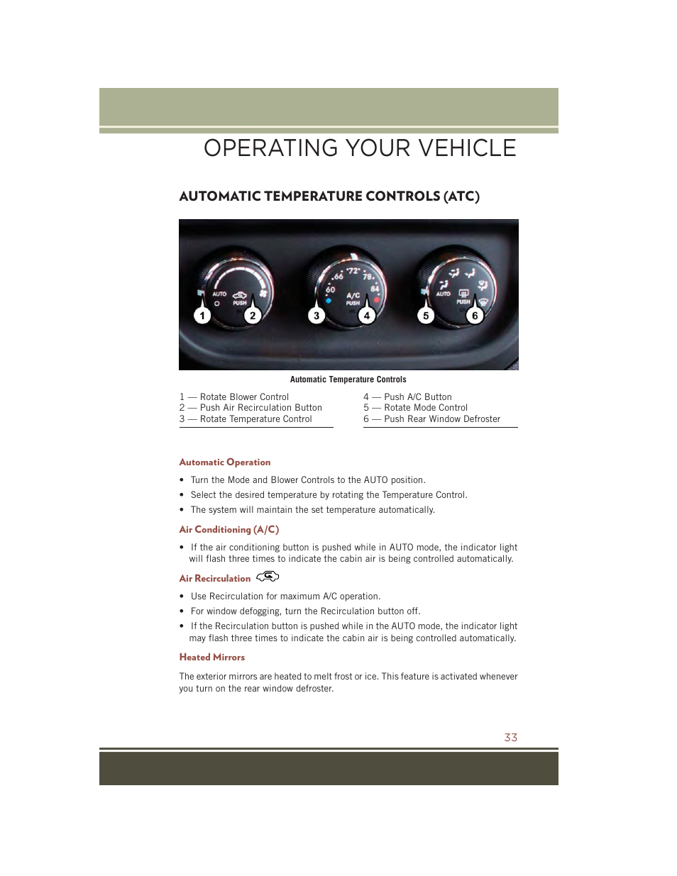 Automatic temperature controls (atc), Automatic operation, Air conditioning (a/c) | Air recirculation, Heated mirrors, Automatic temperature controls, Atc), Operating your vehicle | Jeep 2015 Compass - User Guide User Manual | Page 35 / 132