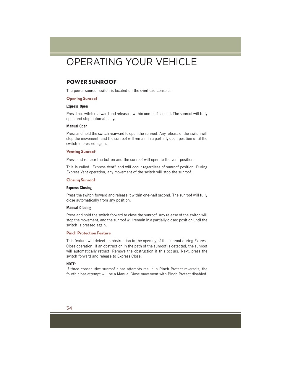 Power sunroof, Opening sunroof, Venting sunroof | Closing sunroof, Pinch protection feature, Operating your vehicle | Jeep 2015 Compass - User Guide User Manual | Page 36 / 132