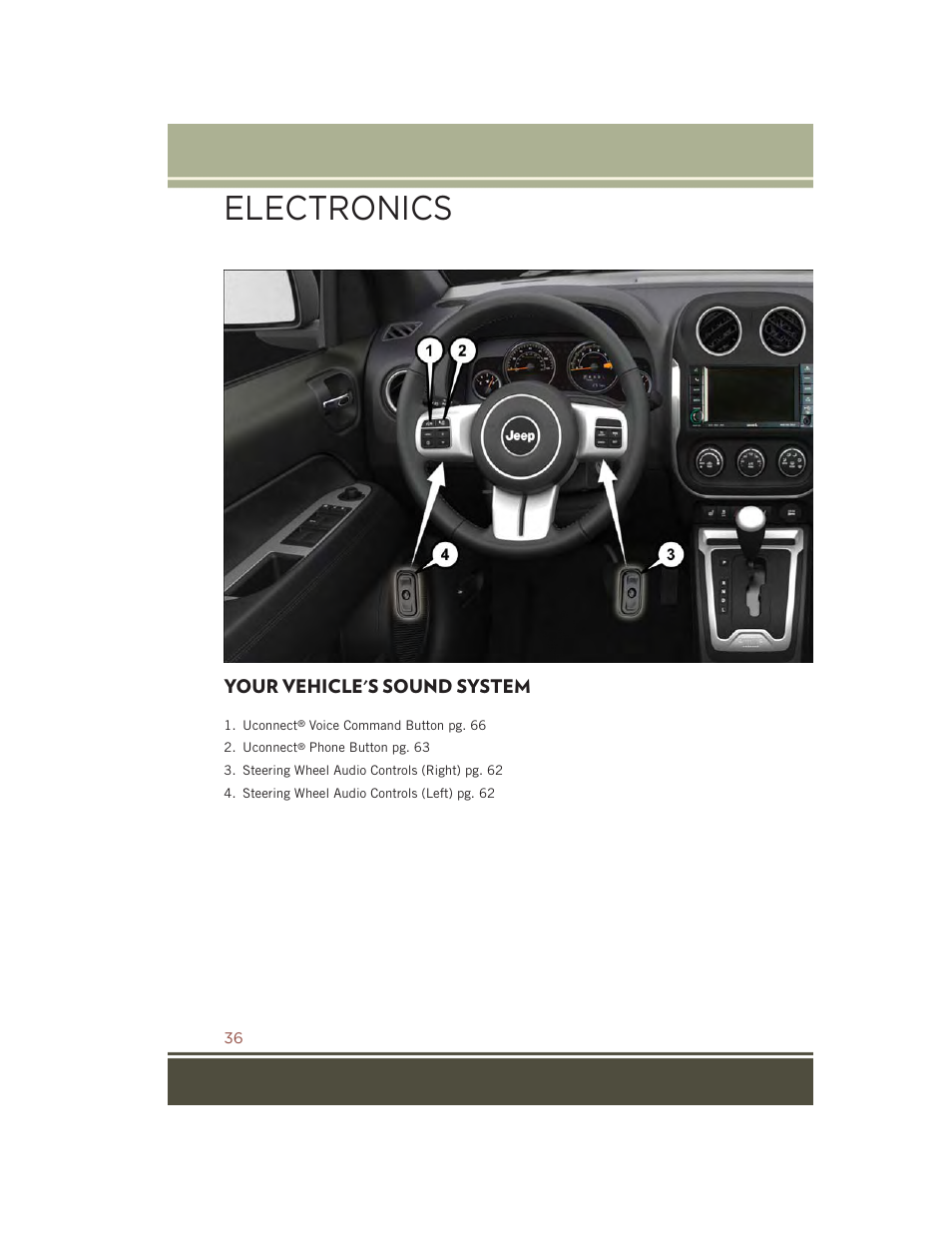 Electronics, Your vehicle's sound system | Jeep 2015 Compass - User Guide User Manual | Page 38 / 132