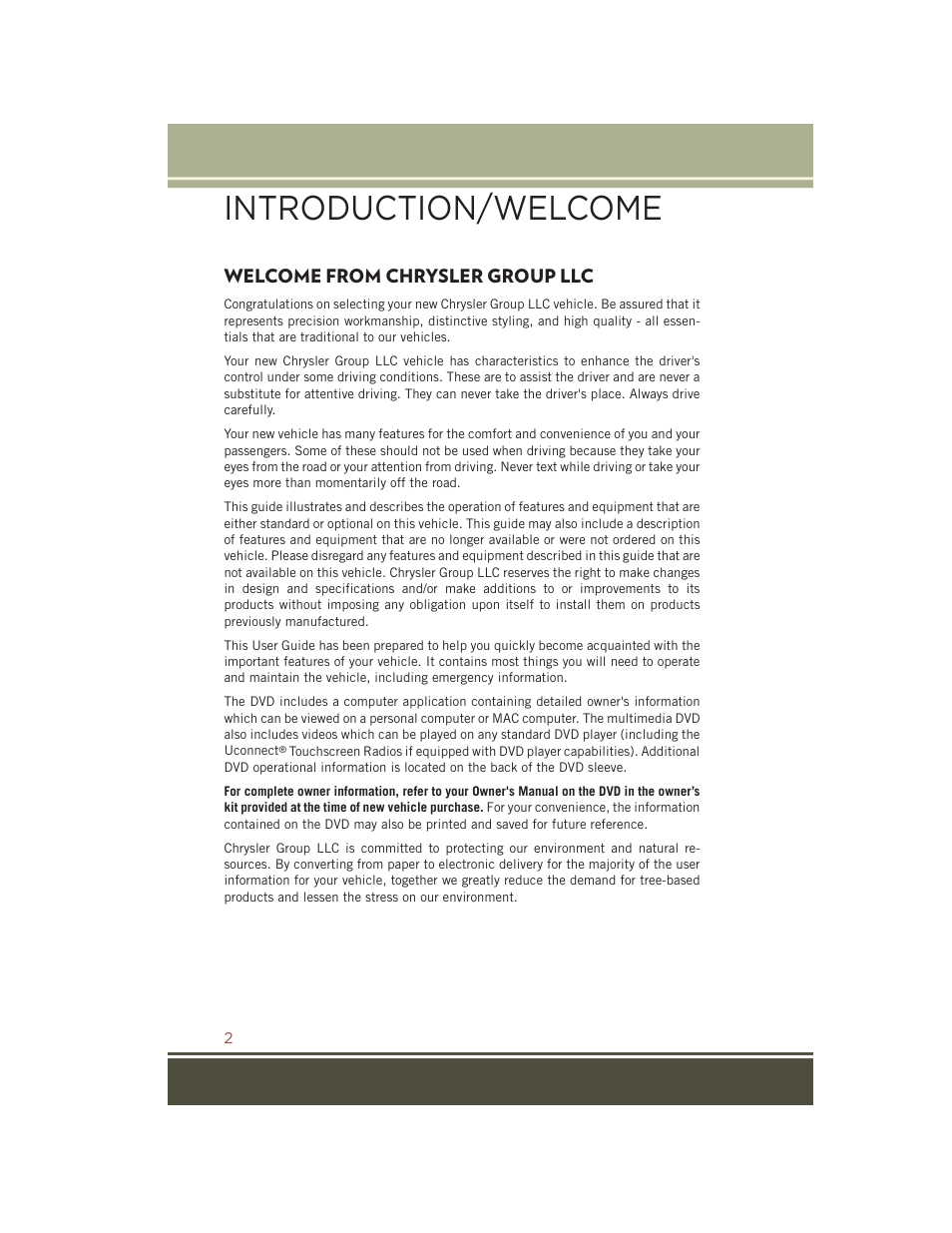 Introduction/ welcome, Welcome from chrysler group llc, Introduction/welcome | Welcome from chrysler, Group llc | Jeep 2015 Compass - User Guide User Manual | Page 4 / 132