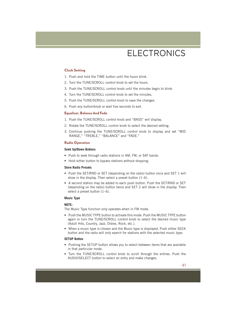 Clock setting, Equalizer, balance and fade, Radio operation | Electronics | Jeep 2015 Compass - User Guide User Manual | Page 43 / 132