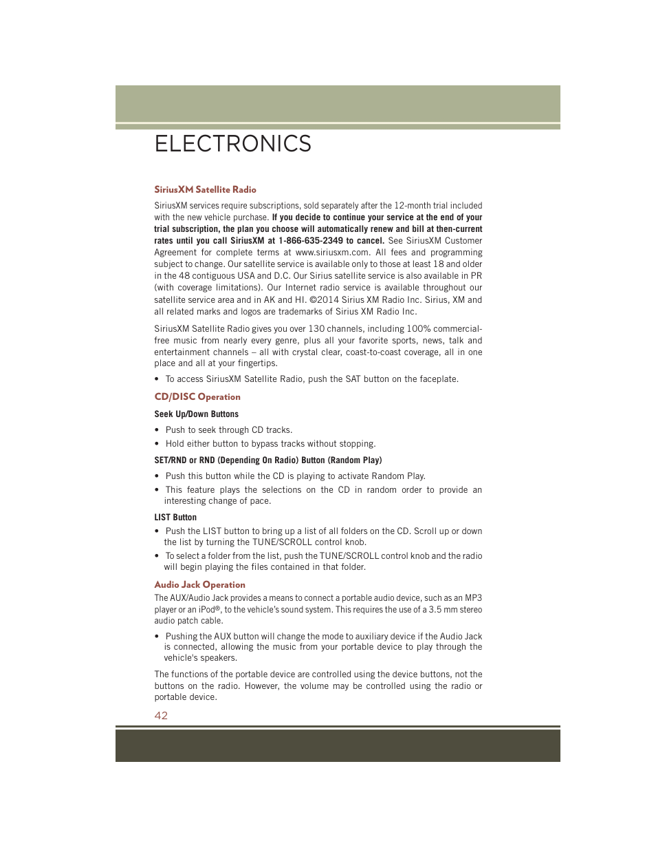 Siriusxm satellite radio, Cd/disc operation, Audio jack operation | Electronics | Jeep 2015 Compass - User Guide User Manual | Page 44 / 132