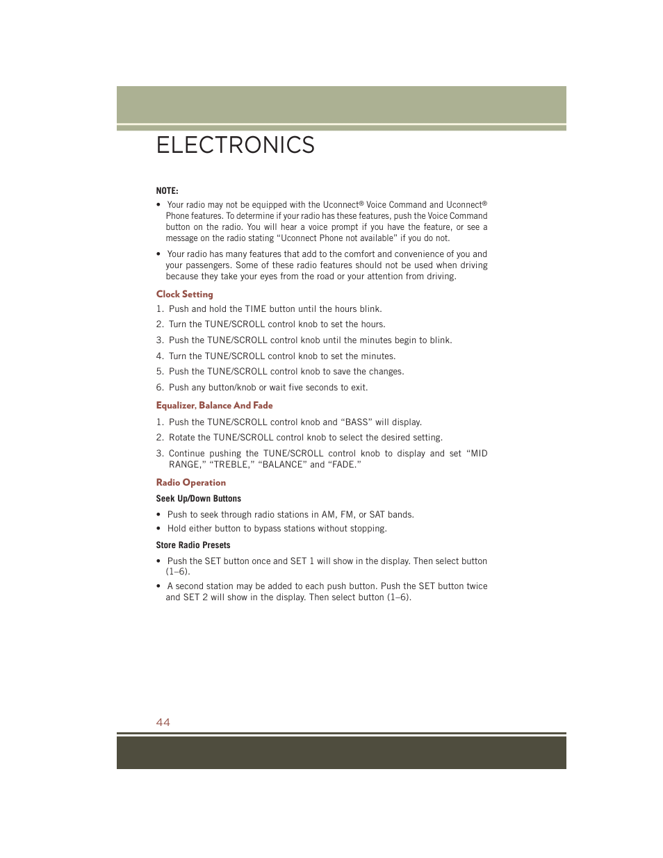 Clock setting, Equalizer, balance and fade, Radio operation | Electronics | Jeep 2015 Compass - User Guide User Manual | Page 46 / 132