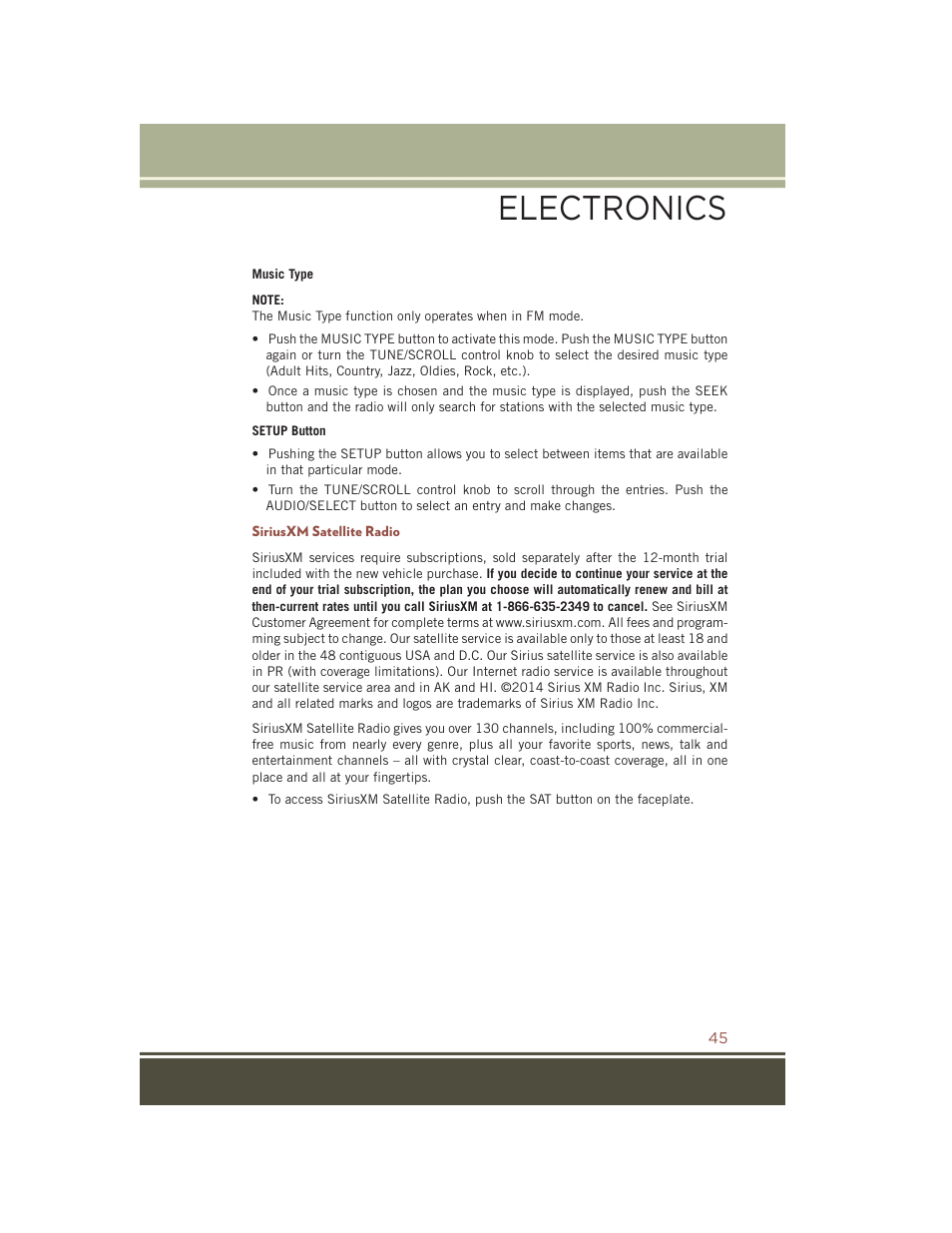 Siriusxm satellite radio, Electronics | Jeep 2015 Compass - User Guide User Manual | Page 47 / 132