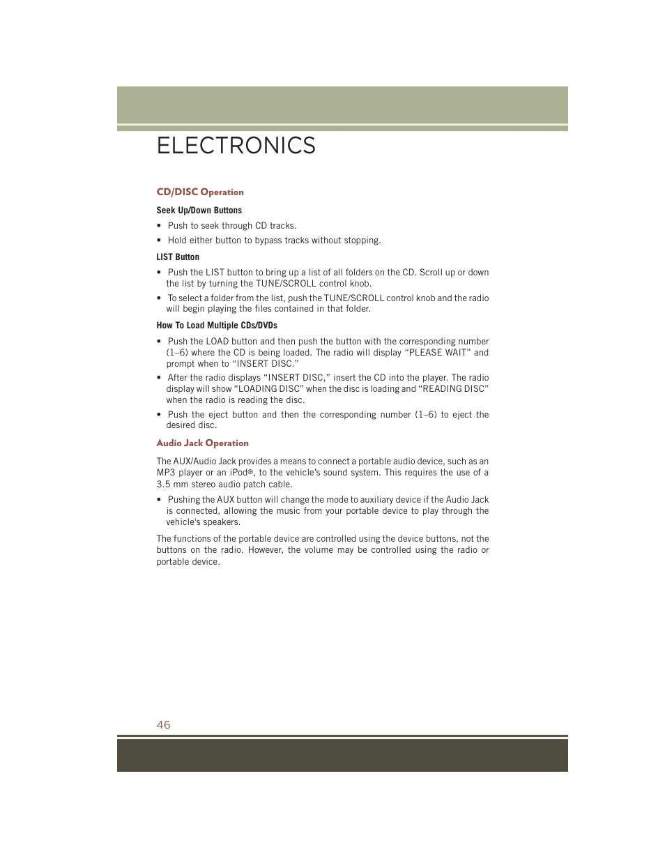 Cd/disc operation, Audio jack operation, Electronics | Jeep 2015 Compass - User Guide User Manual | Page 48 / 132