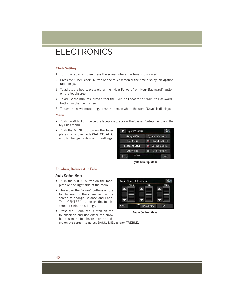 Clock setting, Menu, Equalizer, balance and fade | Electronics | Jeep 2015 Compass - User Guide User Manual | Page 50 / 132