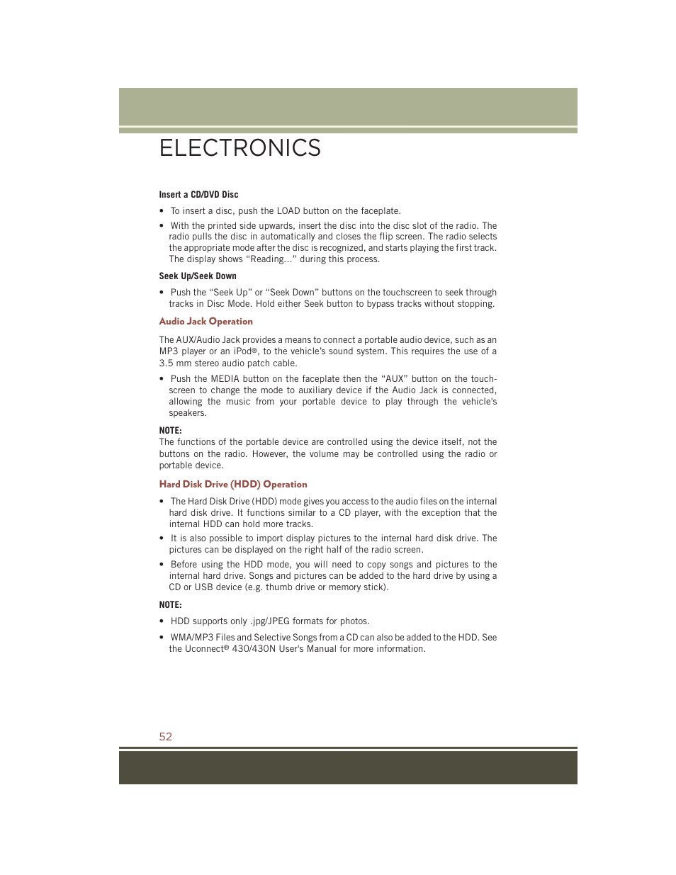 Audio jack operation, Hard disk drive (hdd) operation, Electronics | Jeep 2015 Compass - User Guide User Manual | Page 54 / 132