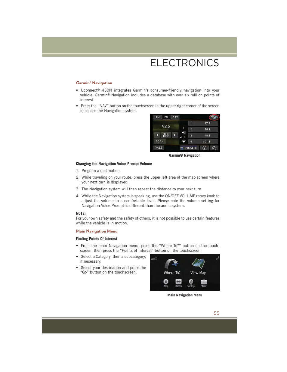 Garmin® navigation, Main navigation menu, Electronics | Jeep 2015 Compass - User Guide User Manual | Page 57 / 132